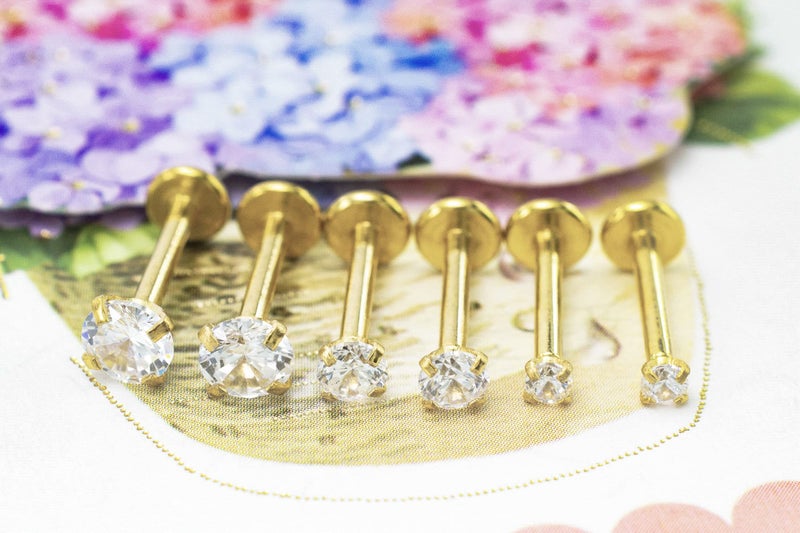 HQLA 16G Diamond CZ Lip Rings Labret Monroe Nose Tragus Helix Ear Piercing Jewelry Surgical Stainless Steel 2/3/4mm CZ 8mm Bar Length 3 Pairs Set (3 Pairs Gold - Bar:8mm; CZ:2-4mm) - Image 3